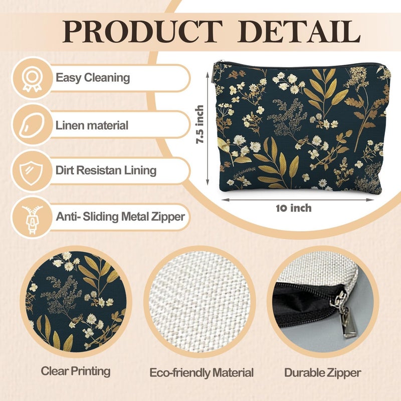 RYYCDOI Vintage Boho Floral Makeup Bag, Dark Moody Wildflowers Floral Cosmetic Bags for Women, Dark Cottagecore Botanical Plant Zipper Makeup Pouch - Image 2
